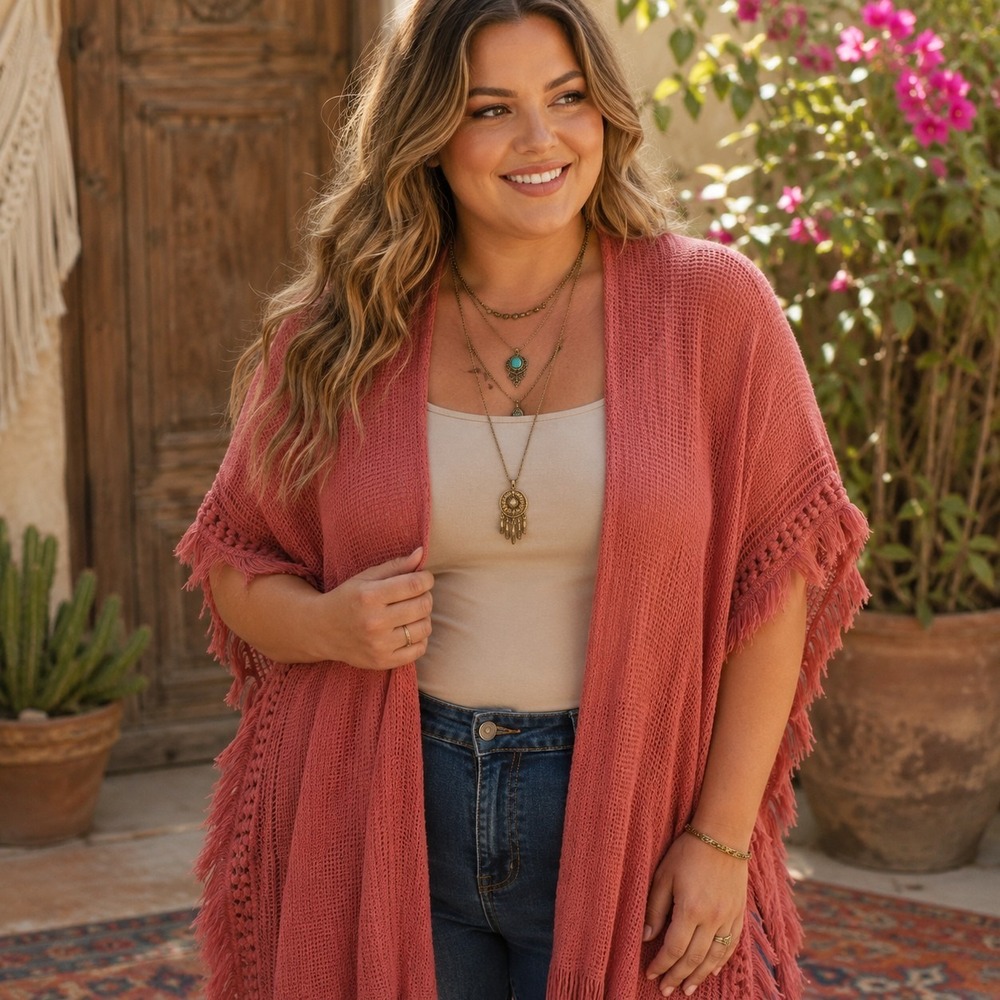 Boho Sweater Kimono Women's One Size XL Pink Fringe Western Beachy Festival